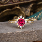 Round Cut Vintage Cluster Ruby Gemstone Ring Flower Engagement Ring
